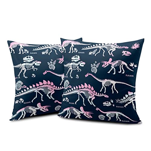 Kwlegh Pink White Dino Throw Pillow Covers Dinosaurs Skeleton Decorative Black Pillow Covers 18 X 18 Set Of 2 Comfy Soft Standard Size Pillowcase Room Decor For Bed Sofa Couch #TOP1