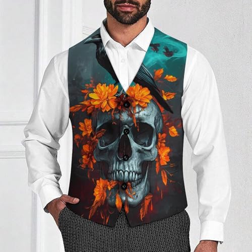 Black Raven On Floral Skull Trendy Vest Suit for Men V Neck Formal Dress Waistcoat Vests Business Slim Fit4