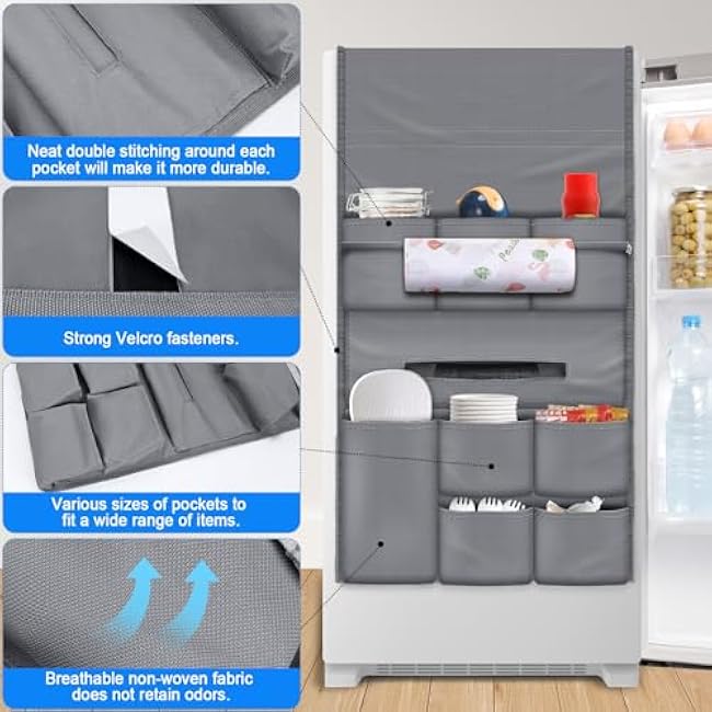 RGQSUN 55.1 x 15.7 Mini Fridge Organizer with 15 Pockets,Waterproof Refrigerator Caddy Organizer Mini Fridges Accessories Double Side Over the Fridge Storage Organizer for Dorm Home Kitchen Office