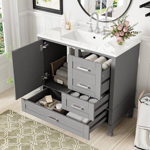 Mirightone 36' Bathroom Vanity with Sink, Bathroom Vanities 36 Inch with Sink, 36 Bathroom Vanity with Top Including 3 Drawers and 1 Soft Closing Door, Vanity with Sink for Bathroom (Grey)