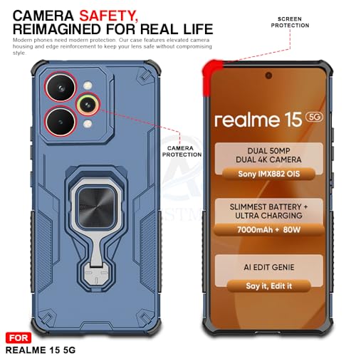 Image of AESTMO Armor Back Cover for Realme 15 5G / 15 Pro 5G | Ring Holder & Kickstand & Camera Protection in-Built | 360 Degree Protection Back Case Cover (Blue)