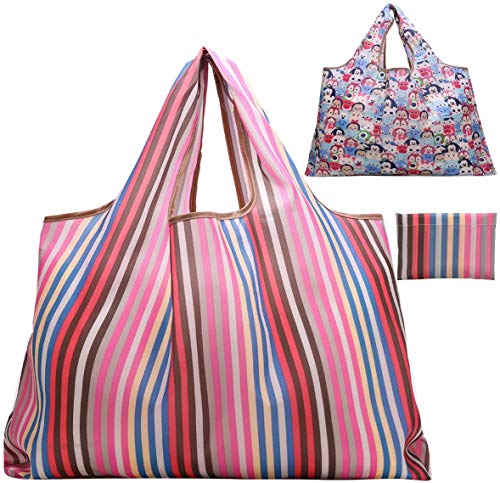 JISEN - Bolsas de compras reutilizables de nailon lavables, plegables, ecológicas, resistentes al medio ambiente, cabe en el bolsillo, nailon, Arcoíris 2, talla única