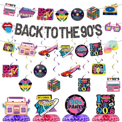 15pcs 90s party decorations-Retro Back To 1990s Banner Hanging Swirls Honeycomb Centerpieces Table Decor For 90s Theme Hip Hop Party Supplies