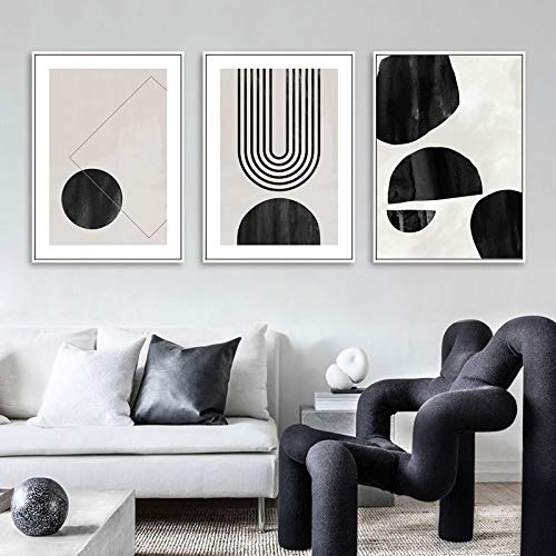 Arte abstracto geométrico para salón tríptico minimalista negro y blanco 80x75 cm