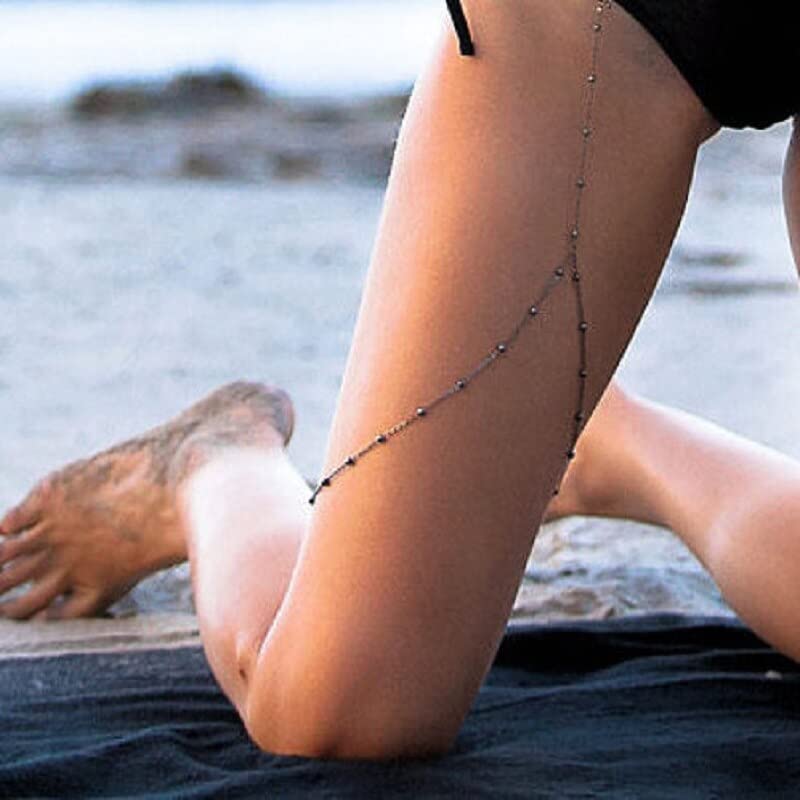 Łańcuchy ciała Moda plażowa Seksowny łańcuszek na nogę Wytrzymałość uda Elastyczna lina Złoty i srebrny łańcuszek Bikini Zdjęcie uliczne Łańcuszek na nogę dla kobiet (posrebrzany) (posrebrzany)