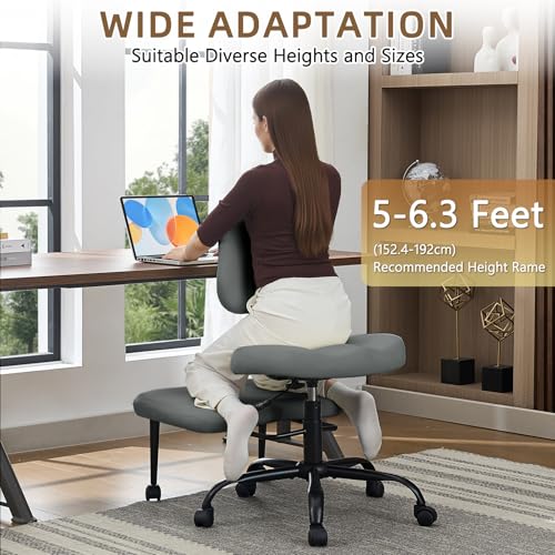 Image of Ergonomic Criss Cross Legged Office Chair, ADHD Chair, Wide Height Adjustable Seat 360 Swivel Footstool with Wheels, PU Leather Meditation Kneeling Chair, for The Restless Home Workers, Grey