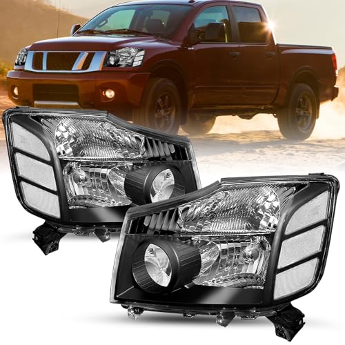SOCKIR Headlight Assembly Set Replacement for 2004-2015 Nissan Titan / 2005-2007 Armada Halogen Headlamp Driver and Passenger Side Black Housing Clear Reflector