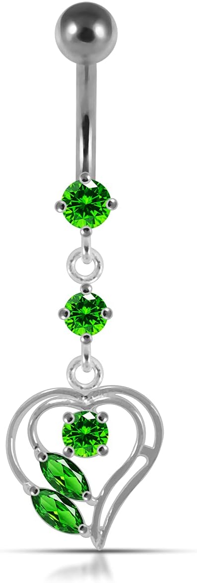 CZ Crystal Stone 2 Round with Cut Out Heart Dangling 925 Sterlingl Silver Belly Ring Body Jewelry