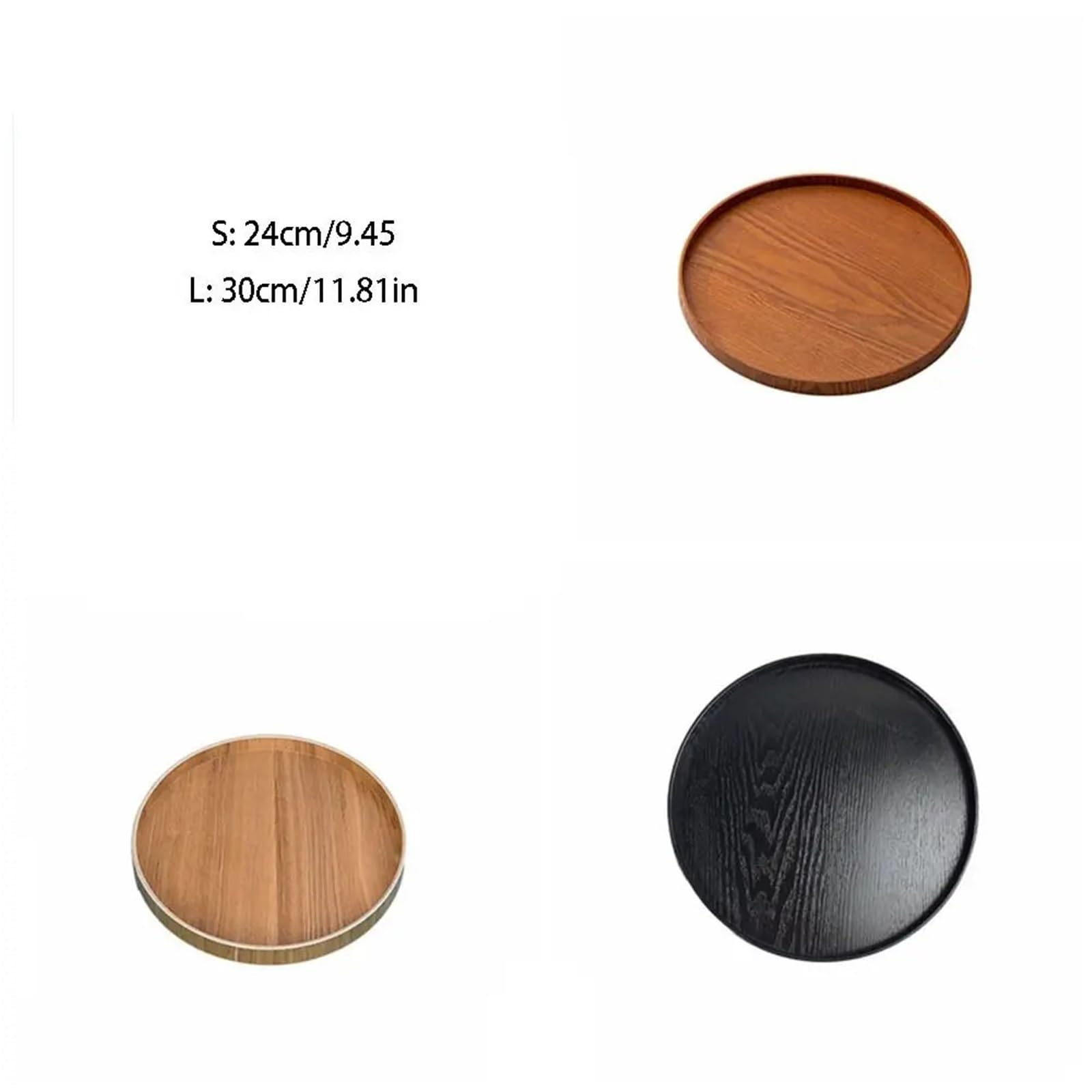 Vassoio da portata rotondo multifunzionale in legno naturale fatto a mano, semplice piatto per snack da cucina (nero-L)