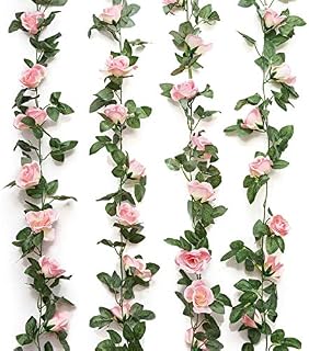 Yebazy Jinway 4PCS(32FT) Fake Rose Vine Garland Artificial Flowers Plants for Hotel Wedding
