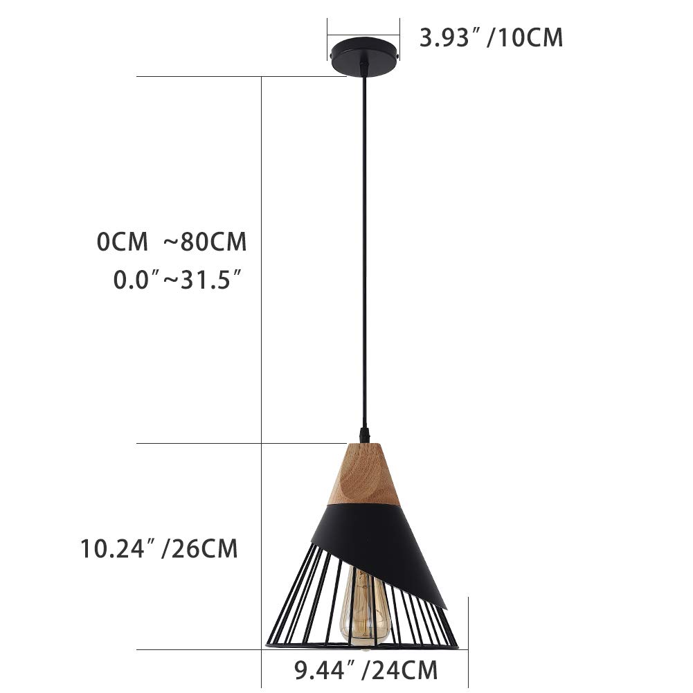 MAXDUYU 2x Suspension Luminaire Vintage,Bois Métal design Lampe Plafonnier Industrielle en Luminaires Suspension Abat-jour 27 Applique d'Eclairage pour salle à manger Cuisine,Noir