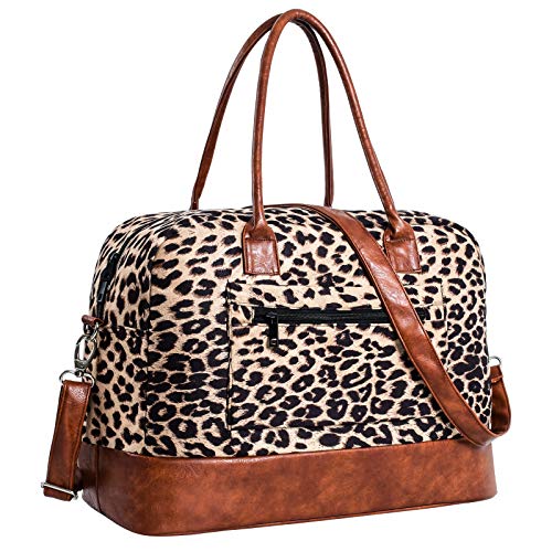 Weekend Bag for Women Leopard Travel Duffle Carry on Bags Overnight Tote with Zipper Luggage Sleeve(Brown)