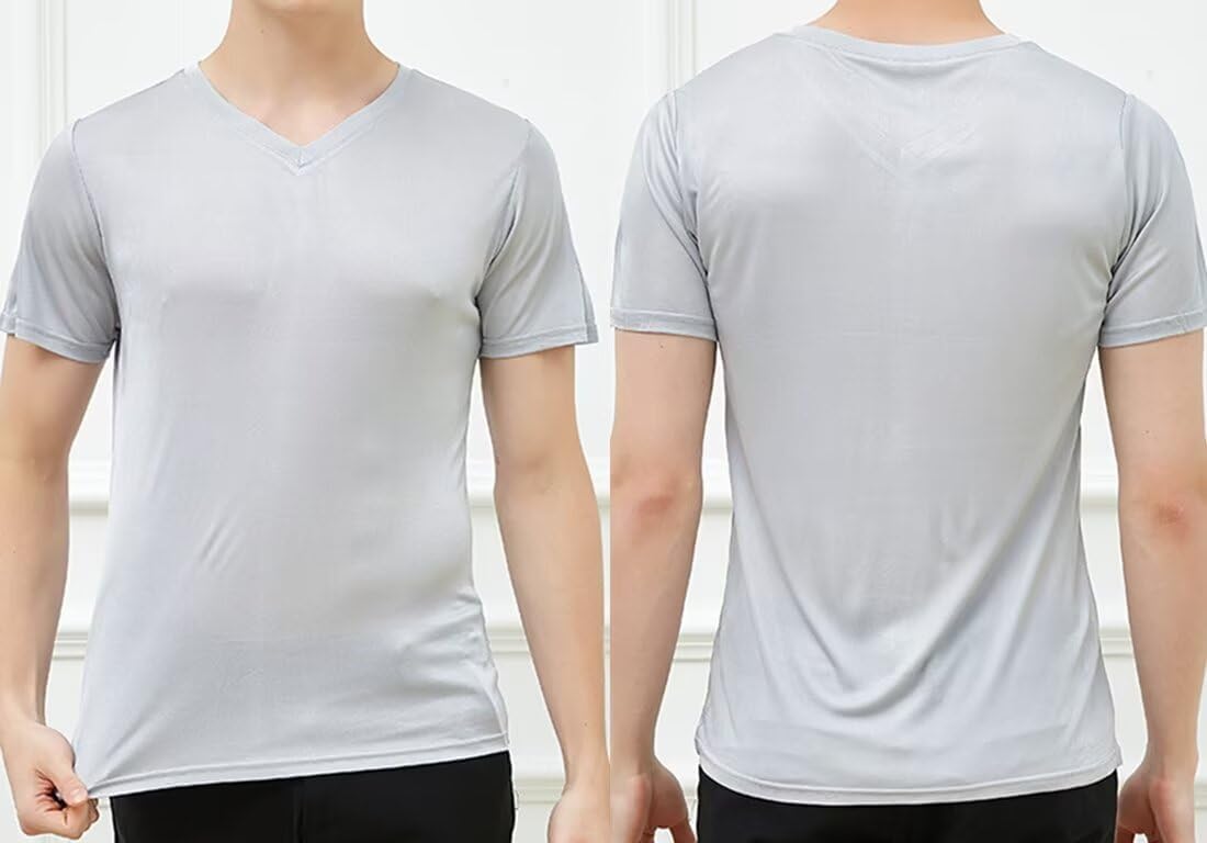 Men’s Short Sleeve Shirt V-Neck T-Shirt Mulberry Silk Tees Undershirts for Men Soft Comfortable Fit