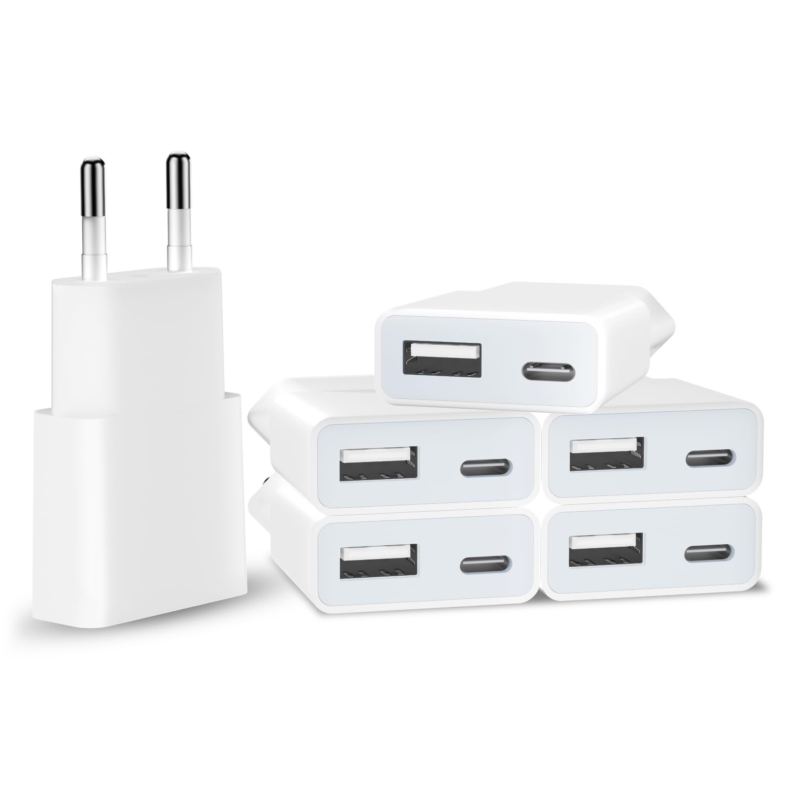 6Pezzi Caricabatterie USB 5V 1A 2Porte USB C + USB A Spina di Alimentazione Presa di Ricarica Caricatore per iPhone, Samsung Telefono Cellulare, MP3, eBook Reader