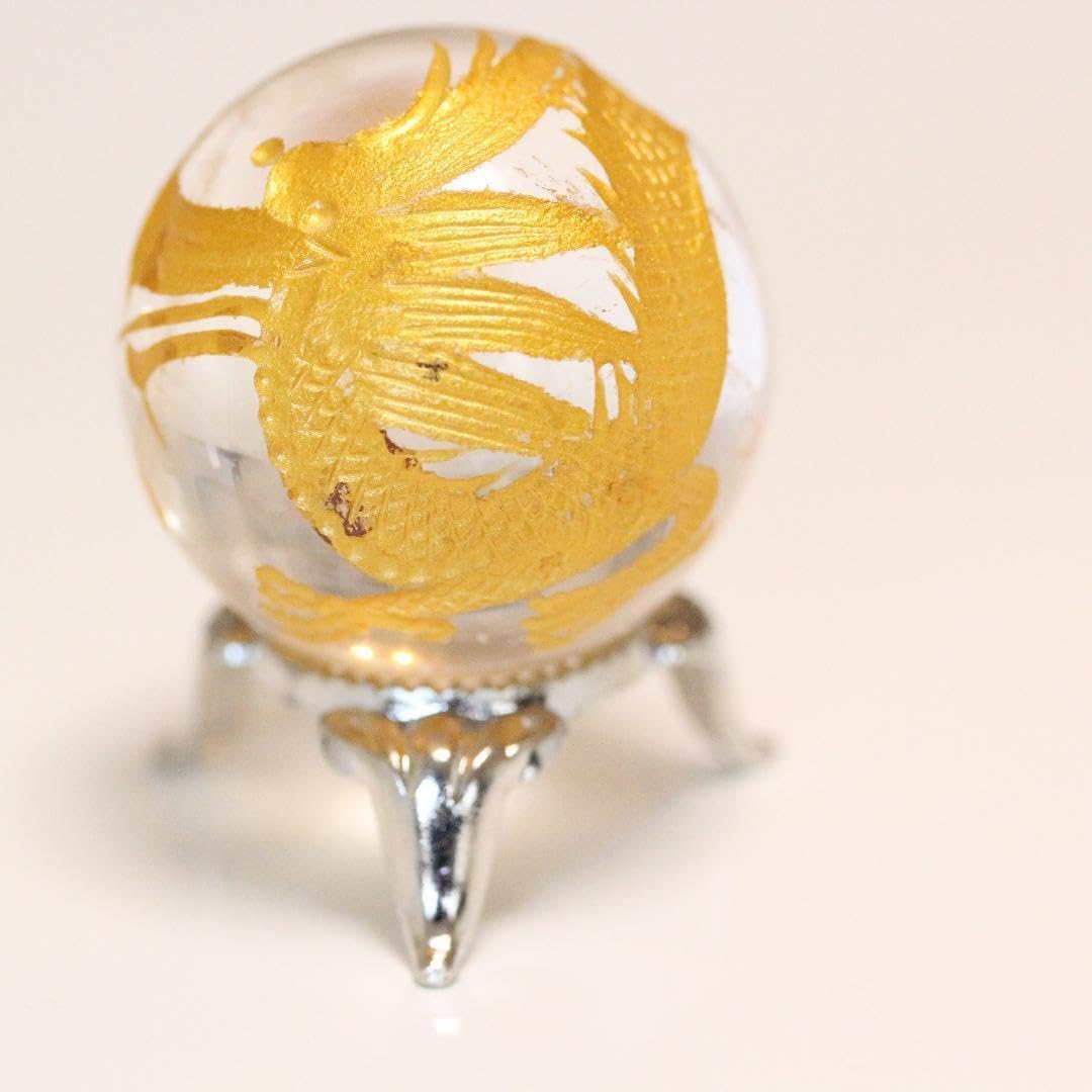 ◎080大玉37mm　天然水晶　金彫り五本爪皇帝龍　シルバー台座つき　置物 ◎080大玉37mm天然水晶金彫り五本爪皇帝龍シルバー台座つき置物