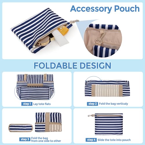 Fasrom Beach Bag for Women with Zipper, Waterproof Beach Tote with Wet Dry Compartment and Small Pouch for Pool, Swim, Travel4