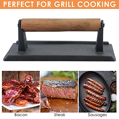 Finderomend Hamburger Press,Cast Iron Grill Press,Heavy Duty Smash Meat,Bacon,Steak & Burger Press with Wooden Handle for Blackstone Pitboss Weber Treager Griddle (Rectangular 3)