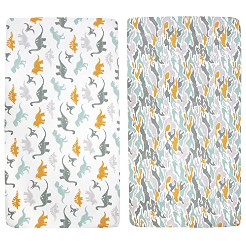 Image of Standard Microfiber Fitted Crib Sheets for Baby Girl, Baby Boy, and Neutral, 2 Pack Crib Sheets Crib Essentials for Baby 28x52 Crib Sheets (Dinos & Camo)
