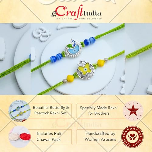 Image of eCraftIndia Beautiful Butterfly Peacock Designer Rakhi Set of 2 | Rakhi for Brother Bhaiya Bhai with Best Bro Ever Fridge Magnet | Roli Chawal Pack