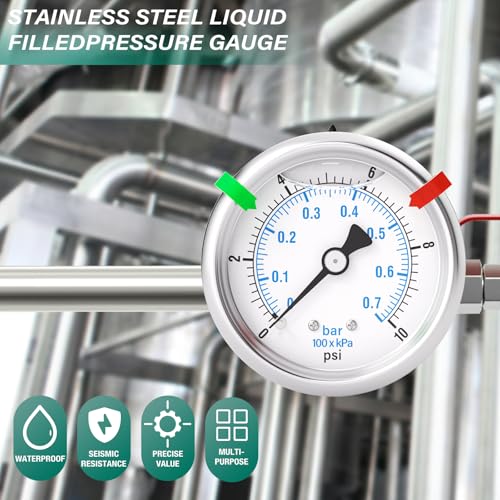 Image of 0-10PSI Stainless Steel Liquid Filled Pressure Gauge, 2.5 inch Dial Size, 1 /4 inch NPT Back Mount, for Tube, Water Pump, Gas, Liquid, Pressure Test (with Range Mark Pointer)