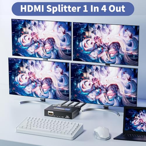 Image of HDMI Splitter 1 in 4 Out 4K@30Hz, Powered 1x4 HDMI Video Splitter 4 Ports with Power Cord, Duplicate /Mirror Screen, Supports UltralHD 3D 1080P HDCP 1.4 for HDTV, STB, DVD, PS5 /4 /3, Projector, Etc