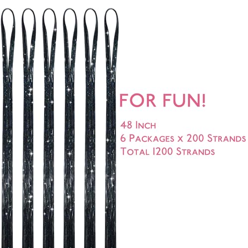 Image of WENNALIFE Hair Tinsel for Girls, Black Fairy Kit 1200 Strands 6PCS 48 Inch Heat Resistant Glitter Tinsel Hair Extensions Kit Christmas Feathers Sparkle Strands