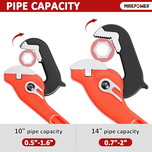 Image of MAXPOWER 10 inch&14 inch Pipe Wrenches, 2-Piece Self-Adjusting Pipe Wrench, Rapid Grip Quick Self-Adjust Plumbing Wrench for Household Maintenance