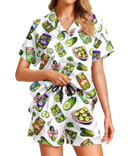 LARSD Womens Pickle Pajama Sets Satin Silk Button Up Funny Pickle Pajamas Pj Set Pickle Sleepwear Gifts Funny Pickle Jar L