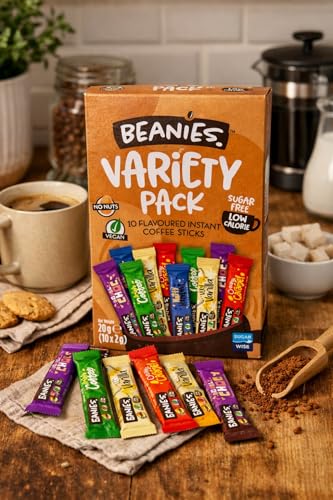 Beanies Flavoured Instant Coffee Sticks Variety Pack, 10 x 2g Sachets (5 Flavours) Very Vanilla, Irish Coffee, Double Choc, Nutty Hazelnut, Creamy Caramel - Sugar Free, Low Calorie - Image 5