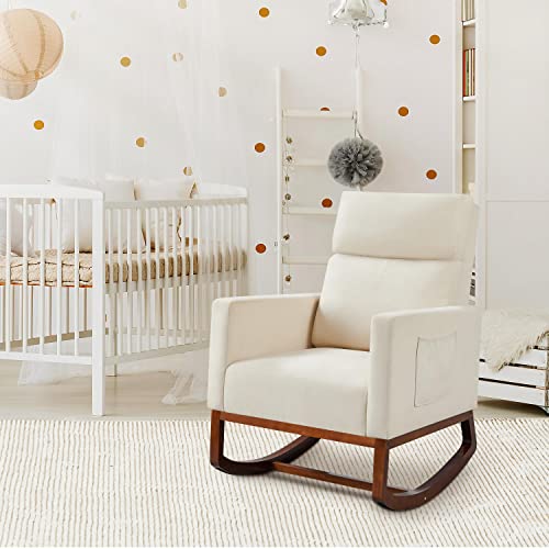 Yaheetech Rocking Chair Nursery Glider Chair With Rubber Wood Legs Side Pocket, Rocking Accent Armchair High Back For Bedroom, Beige #TOP2