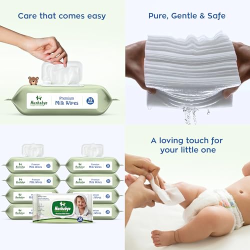 Image of Hushabye Premium Milk Baby Wipes with lid- 0+ Months, pH balanced, Paraben & Alcohol Free, Moisturising & Thick Wipes with purified Water, Gentle & soothing, 720pcs, Pack of 10