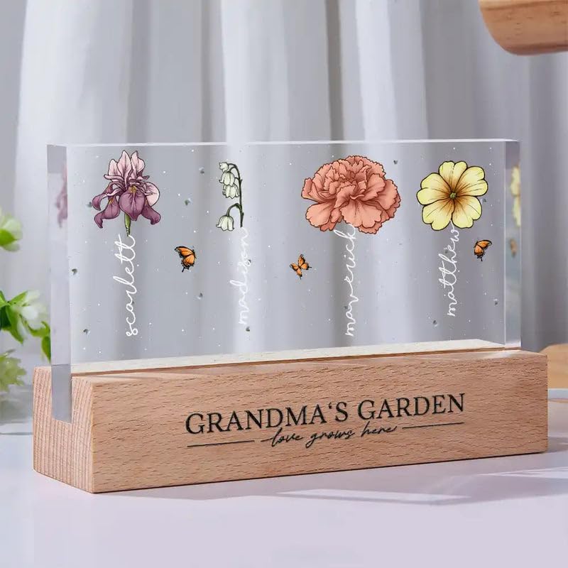 Personalized Rectangle LED Light - Birthday Keepsake, Family Home Décor, Meaningful Gift for Grandma, Mother’s Day or Christmas Gift - Grandma's Garden Birth Month Flowers
