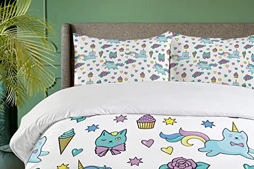 Ambesonne Unicorn Cat Duvet Cover Set, Girls Pattern With Hearts Stars Flowers Ice Cream Funny, Decorative 3 Piece Bedding Set With 2 Pillow Shams, Queen Size, Soft Blue #TOP2