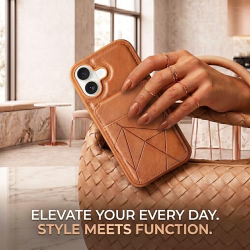 Image of amazon basics Premium Vegan Leather Back Cover with Card Holder and Integrated Mobile Stand for iPhone 17 - Slim Shockproof Wallet Case with Geometric Stitching [Tan]