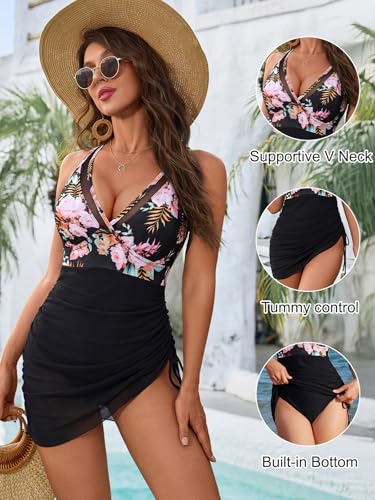 Image of Blooming Jelly Women One Piece Swim Dress Tummy Control Swimsuits Slimming Mesh Sheer Sarong Wraps Bathing Suit