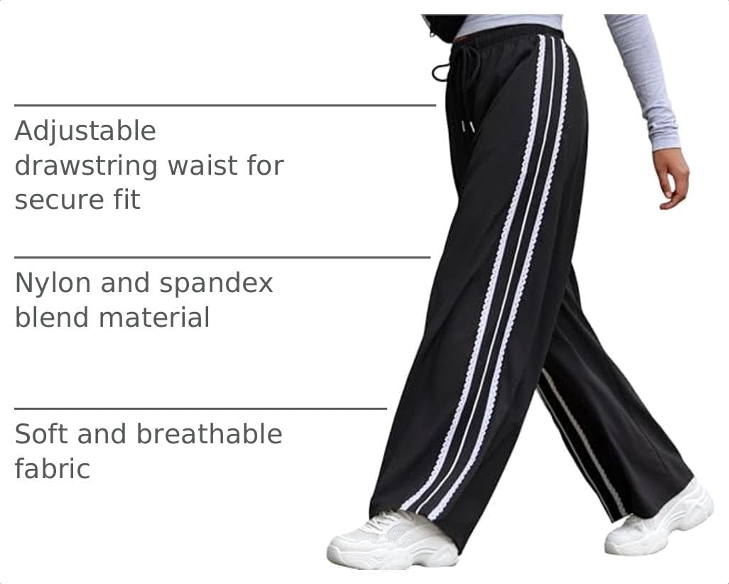 Yeokou Women's Wide Leg Pants Side Stripe Crochet Slip on Drawstring Casual Running Track Palazzo Pants with Pockets image 4