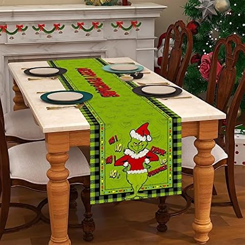 Christmas Table Cloth,Linen Green Grinch Christmas Table Runner Merry Grinchmas Tablecloth Christmas Xmas Home Kitchen Table Decoration (13x108in) Cover
