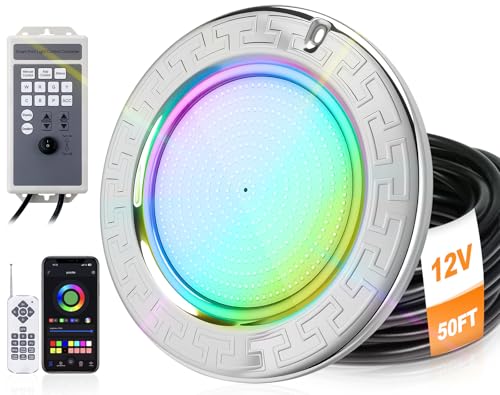 10 Inch LED Pool Light for Inground Pool, 50W Ultra Bright RGB Underwater Swimming Pool Light with Controller, Remote & APP Control, Color Change, Built-in 12V Transformer (120V Input), 50FT Cord