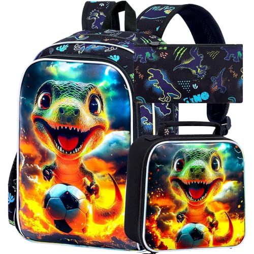 Image of 3Pcs Dinosaur Backpack, Boys Kids Bookbag with Lunch Box, 16 inch Dino School Backpacks for Elementary Preschool Kindergarten (Black)