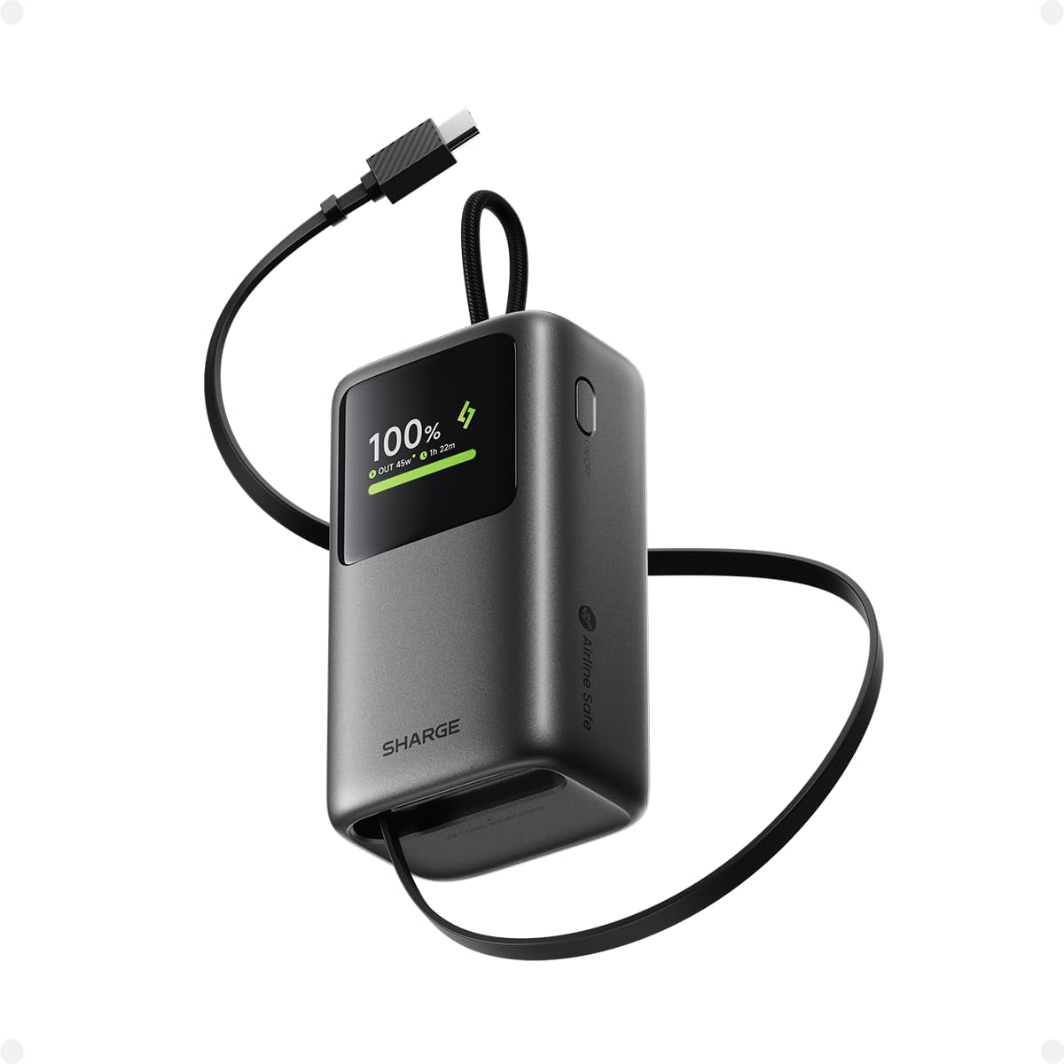 sharge 45W Fast Charging Power Bank, batería Externa de 10000mAh con Cable USB-C retráctil Integrado, Pantalla Inteligente y Carga rápida de 45W para iPhone 17/16, iPad y MacBook Air.