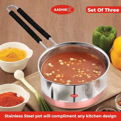Image of AADHIK Stainless Steel Sauce Pan Set with Lid, 1L, 1.5L & 2L, Set of 3
