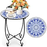 DARCKLE 14'' Outdoor Round Side Table, Blue and White Porcelain Pattern Plant Stand,Mosaic End Table,Bistro Accent Table for Garden Yard Parch Balcony,Dark Blue