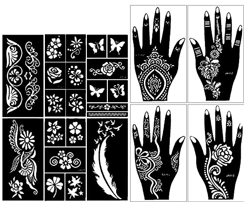 Gilded Self-Adhesive Flower, Butterfly Design Henna Tattoos Stencils (10 Sheets)