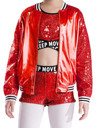 easyforever Kids Girls Sequin Jacket Zipper Long Sleeve Bomber Jacket Hip Hop Street Dance Coat Performance Outerwear