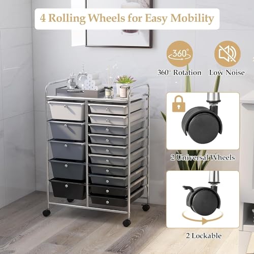 Image of LDAILY 15 Drawer Rolling Storage Cart, Rolling Cart with Drawers for Classroom, Art Supply Craft Organizer on Wheel with Metal Frame & Handles for Home Office School