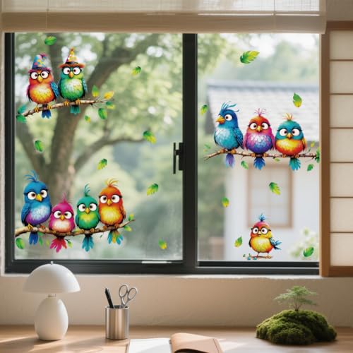 ANATTASOUL Fensterbilder Doppelseitig 3D-Cartoon-Vögel Und Zweige Fensterdeko Wiederverwendbar Fenstersticker Blickdichter Fenster Aufkleber Deko Frühling Sommer für Wohnzimmer Badezimmer