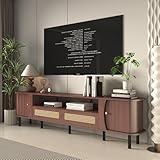 Fluted TV Stand - Modern Wooden Freestanding Entertainment Center Sliding Door TV Cabinet | Farmhouse Curved Round Edge TV and Media Console Table with Storage，Up to 100 inch TVS