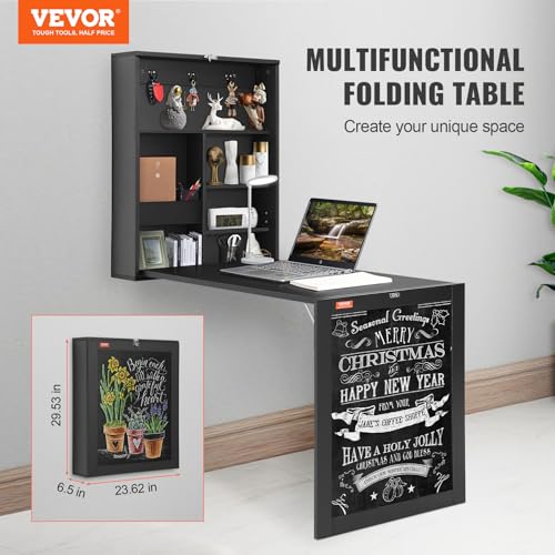 VEVOR Mounted Convertible, Multi-Function Folding Wall Table with Chalkboard for Home Office, Space Saving Computer Desk with Storage Area, Black