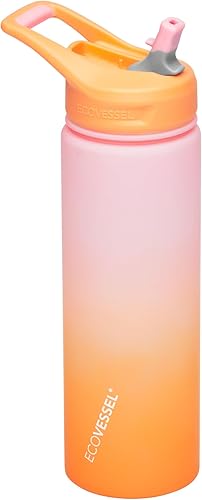 EcoVessel WAVE - Botella de agua deportiva de plástico Tritan con popote superior, tapa a prueba de fugas y asa de transporte, botella de agua