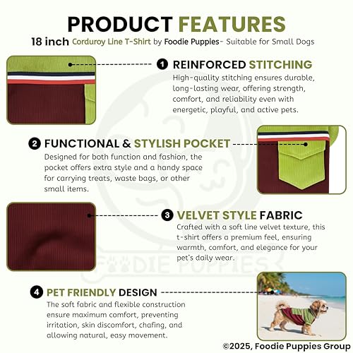 Image of Foodie Puppies Corduroy Line Velvet Pocket T-Shirt Warm Sweater Jacket - (18 inch, Olive & Maroon) for Small Breeds Dogs | Soft, Lightweight Pet Apparel | Stylish, Comfortable, Durable, Stretchable